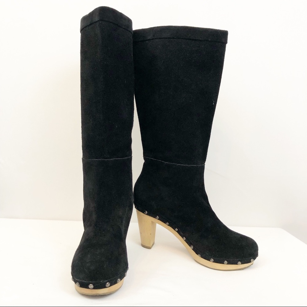 Banana Republic Black Suede Leather Chandra Clog Heeled Mod Retro Tall Boots 8